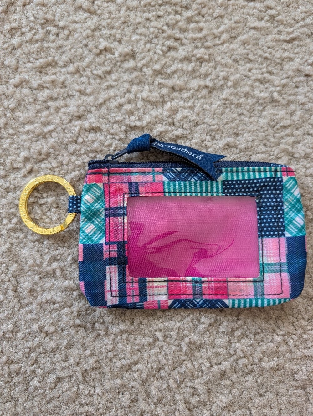 Simply Southwrn Pink Plaid ID Card Holder with Key Ring